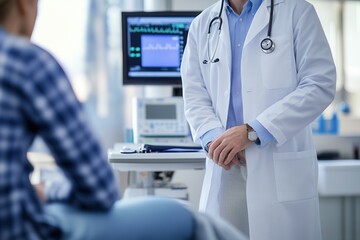 Aufkleber - A doctor in a lab coat is attentively examining a patient in a clean, contemporary clinic room, using a stethoscope for evaluation. Generative AI