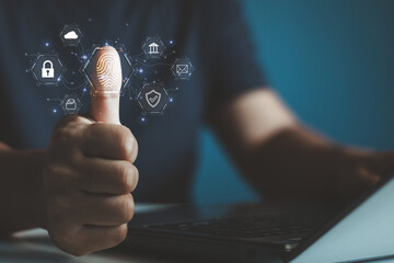 Aufkleber - Fingerprint and business icons with man thumb up scanning for security access with biometrics identification on virtual screen. Biometric security network, privacy data protection technology concept.