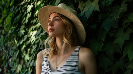 Smiling woman in front of green ivy plants during summer holiday