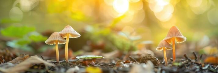 Poster - Mushrooms featuring slender stems and conical caps thrive amidst forest debris illuminated by soft light.