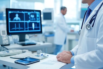 Poster - A doctor in a white lab coat attentively examines a patient using a stethoscope in a clean, modern clinic environment. Generative AI