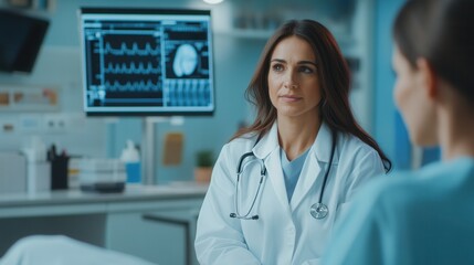 Aufkleber - A doctor in a white lab coat attentively examines a patient in a bright, modern clinic, using a stethoscope for evaluation. Generative AI