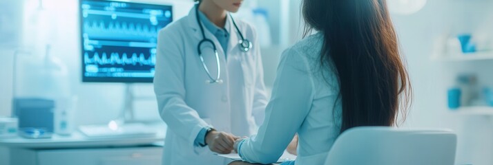 Aufkleber - A doctor attentively checks a patient’s health using a stethoscope in a bright, modern clinic filled with equipment. Generative AI