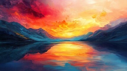 Colorful sunset abstract scene with mountains river forest and an orange sky