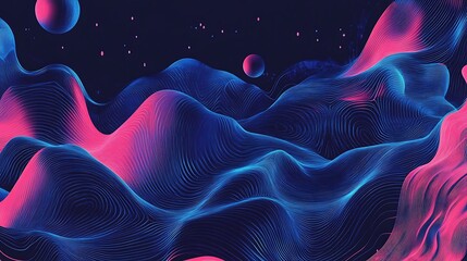 Wall Mural - Abstract Blue and Pink Wavy Lines with Glowing Spheres