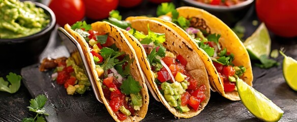 Closeup of Three Tacos with Guacamole, Tomato, Onion, and Cilantro