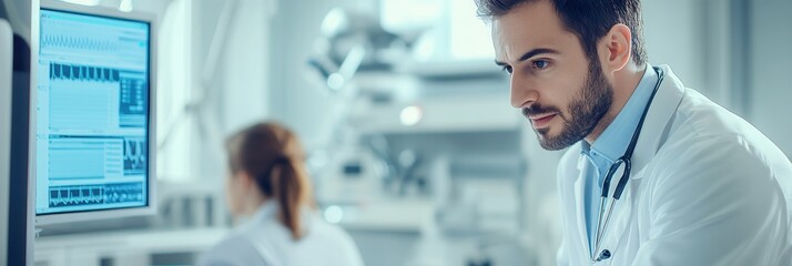 Aufkleber - A doctor attentively examines a patient using a stethoscope in a bright and modern clinic environment. Generative AI