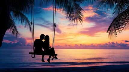 A loving couple enjoying a romantic getaway together while swinging on the beach, with a silhouette of the man embracing the woman