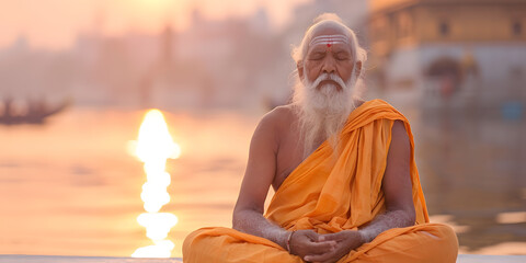 Sadhu Sitting on Ganga Ghat with Temple in the Background | Spiritual Meditation by the Golden Temple on the Sacred Ganges