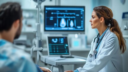 Aufkleber - A doctor attentively examines a patient in a clean clinic room, using a stethoscope and providing quality care during a routine visit. Generative AI