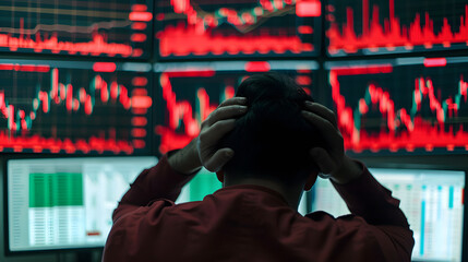 Poster - Stressed Investor Looking at Multiple Screens Displaying Stock Market Data | Financial Uncertainty and Market Volatility