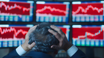 Fototapete - Stressed Investor Looking at Multiple Screens Displaying Stock Market Data | Financial Uncertainty and Market Volatility