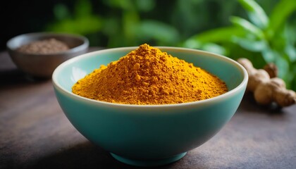 Poster - Turmeric in a bowl with a background of nature, healthy eating