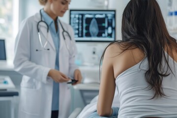 Aufkleber - A doctor attentively examines a patient in a contemporary clinic using a stethoscope, providing care and professionalism. Generative AI