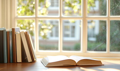 Wall Mural - open book and stack of books by sunlit window - cozy study ambience-generative ai