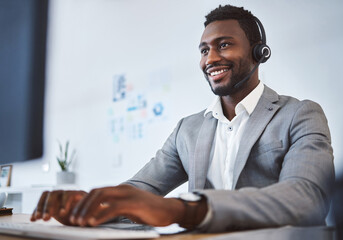 Wall Mural - Business, telemarketing and black man with computer, call center and help desk in office. Headset, employee and insurance agent with pc, smile or customer service with tech support, crm or typing