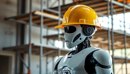 robot wearing a hard hat, standing in a construction site with scaffolding in the background concept of labor day created with generative ai