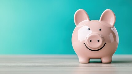 A smiling pink piggy bank placed on a wooden surface against a bright teal background, symbolizing savings, finance, and money management.