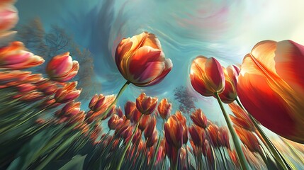 Wall Mural - Abstract View of Red and Yellow Tulips with a Swirling Background