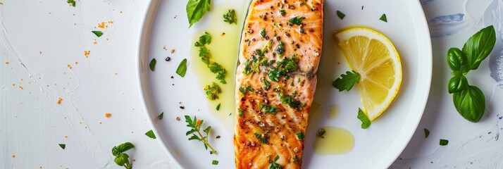 Canvas Print - Baked Salmon Topped with Parmesan and Herbs Served with Lemon Sauce on a White Plate - Overhead Perspective