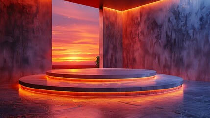 Wall Mural - A minimalist concrete podium with neon lights against a sunset backdrop.