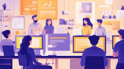Poster - A group of people engages in a productive work session, exchanging ideas in a modern office setting filled with screens. Generative AI