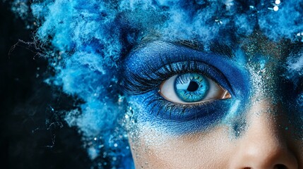 Azure Gaze: A captivating close-up of a woman's eye, adorned with mesmerizing blue makeup and surrounded by a swirling cloud of fluffy blue accents, evoking a sense of mystery and ethereal beauty. 