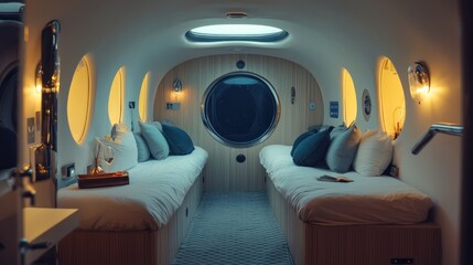 Interior of a futuristic cabin with two beds, a circular window and a view of the night sky