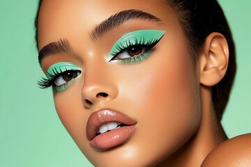 Mint color beauty look with fresh and natural makeup, captured in a photo where a beauty look features soft mint eyeshadow, natural blush, and a fresh, dewy finish, perfect for a spring or summer