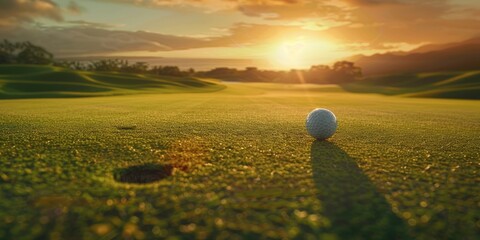 Wall Mural - Playing golf at sunset on a lush green course with a spinning ball nearing the hole