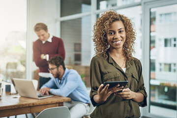 Aufkleber - Design, portrait and tablet with woman in web development office for leadership or project management. Business, creative and smile of happy website developer in workplace for administration