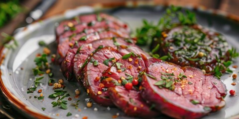 Sliced beef tongue with seasonings on a plate