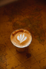 Coffee, Cortado, Latte with Latte art in Cozy Coffee Shop with Plants and Flowers