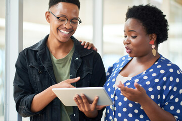 Sticker - Tablet, creative and team of black people planning, research and brainstorming business ideas. Collaboration, technology and happy workers in discussion for project with graphic designer in startup