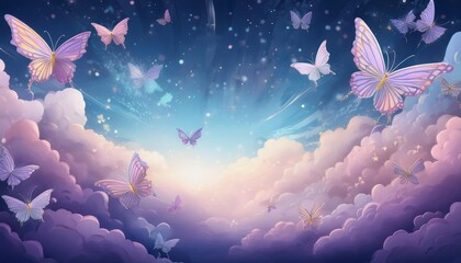 Field of butterflies in heaven and pastel colored clouds generative AI