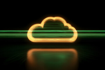 Wall Mural - Neon green silhouette of a cloud upload icon isotated on black background.