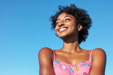 African woman smile enjoying sun during summer vacation, mental health