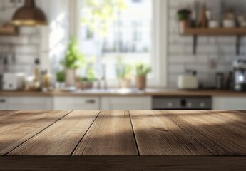 Wooden Countertop in Modern Kitchen with Blurred Background