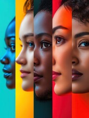 Poster - Faces representing diversity and differences are separated by a bold line, highlighting societal divisions and biases within vibrant colors. Generative AI