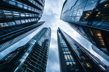 a low angle view of modern buildings in london. the buildings are tall and sleek, with a gray and bl