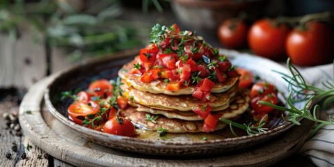 Wall Mural - Savory Wild Garlic Pancakes with Tomato Salad