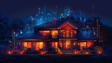 a modern house with glowing windows at night, with a futuristic city skyline in the background.