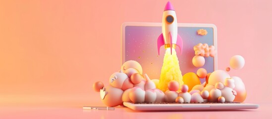 Laptop with Rocket Launching from Clouds in 3D Illustration