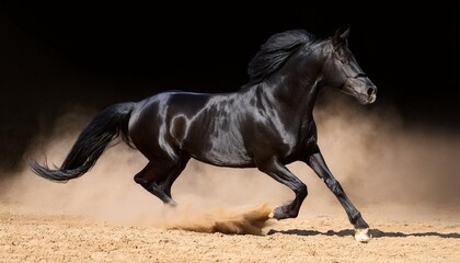 Wall Mural - galloping black stallion horse on dark dust background generative ai