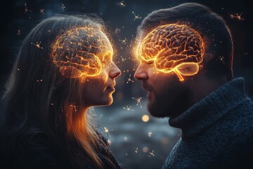 Canvas Print - Romantic couple with glowing brain visuals symbolizing the intellectual and emotional connection that strengthens their bond