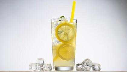 a tall glass of a refreshing lemon drink with ice cubes and a yellow straw