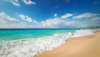 Wall Mural - a pristine beach with turquoise waters foamy waves and a soft sandy shore under a blue sky with fluffy clouds