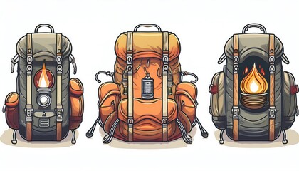 Hiking Backpack Collection - set of minimalistic flat art designs. Camping Adventure Graphic art illustration elements