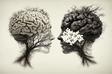 Poster - Artistic silhouette of two heads with tree like brain visuals symbolizing the growth of thoughts and the intellectual connection between them