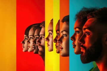 Poster - Diverse faces split by a bold line highlight division, bias, and cultural differences against vibrant backgrounds. Generative AI